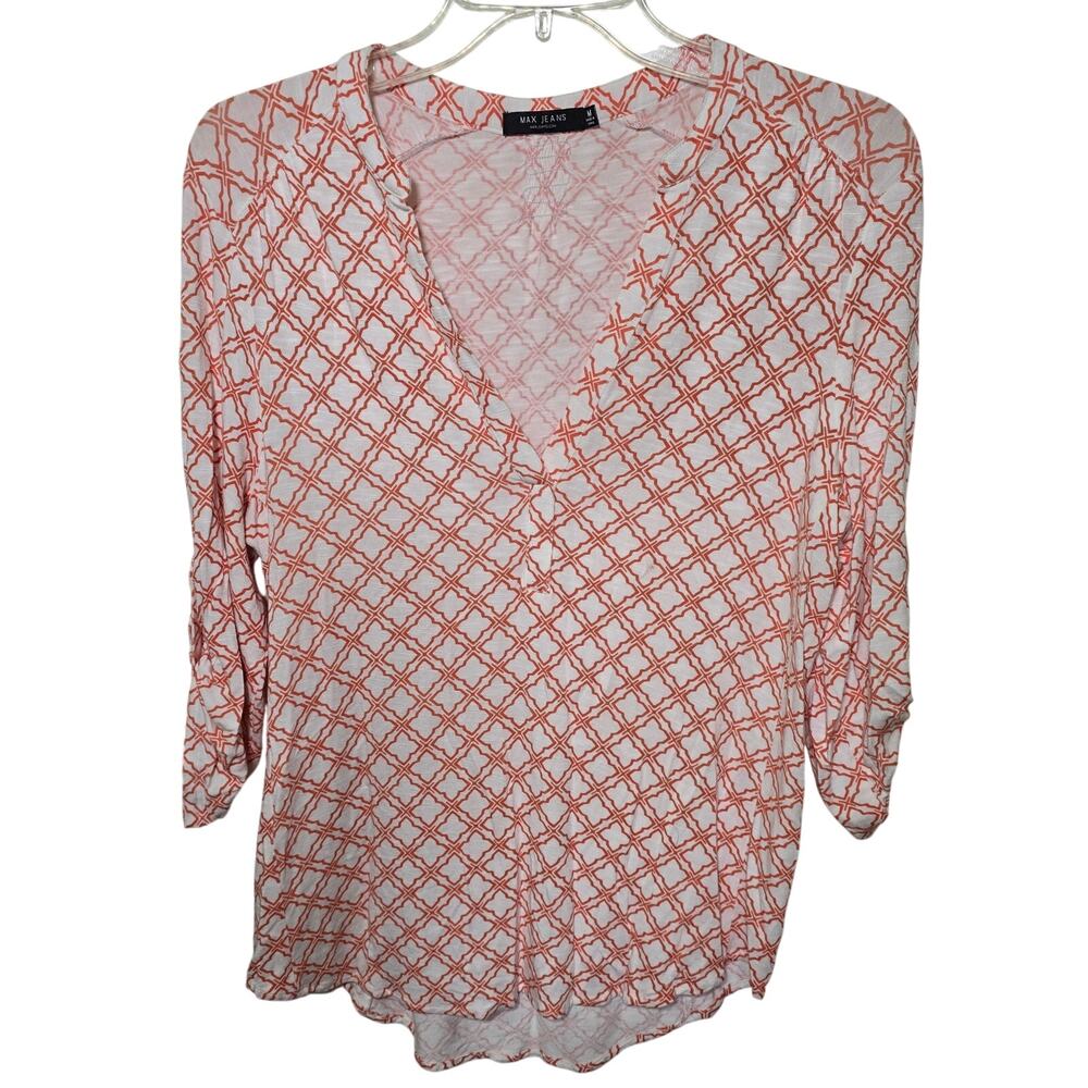 Max Jeans Vneck 3/4 Sleeve Orange/white Check Blouse Tunic Very Soft and Light M